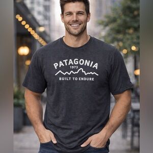 Patagonia Men’s M Graphic T-Shirt Built to Endure Charcoal Gray Mountain Tee